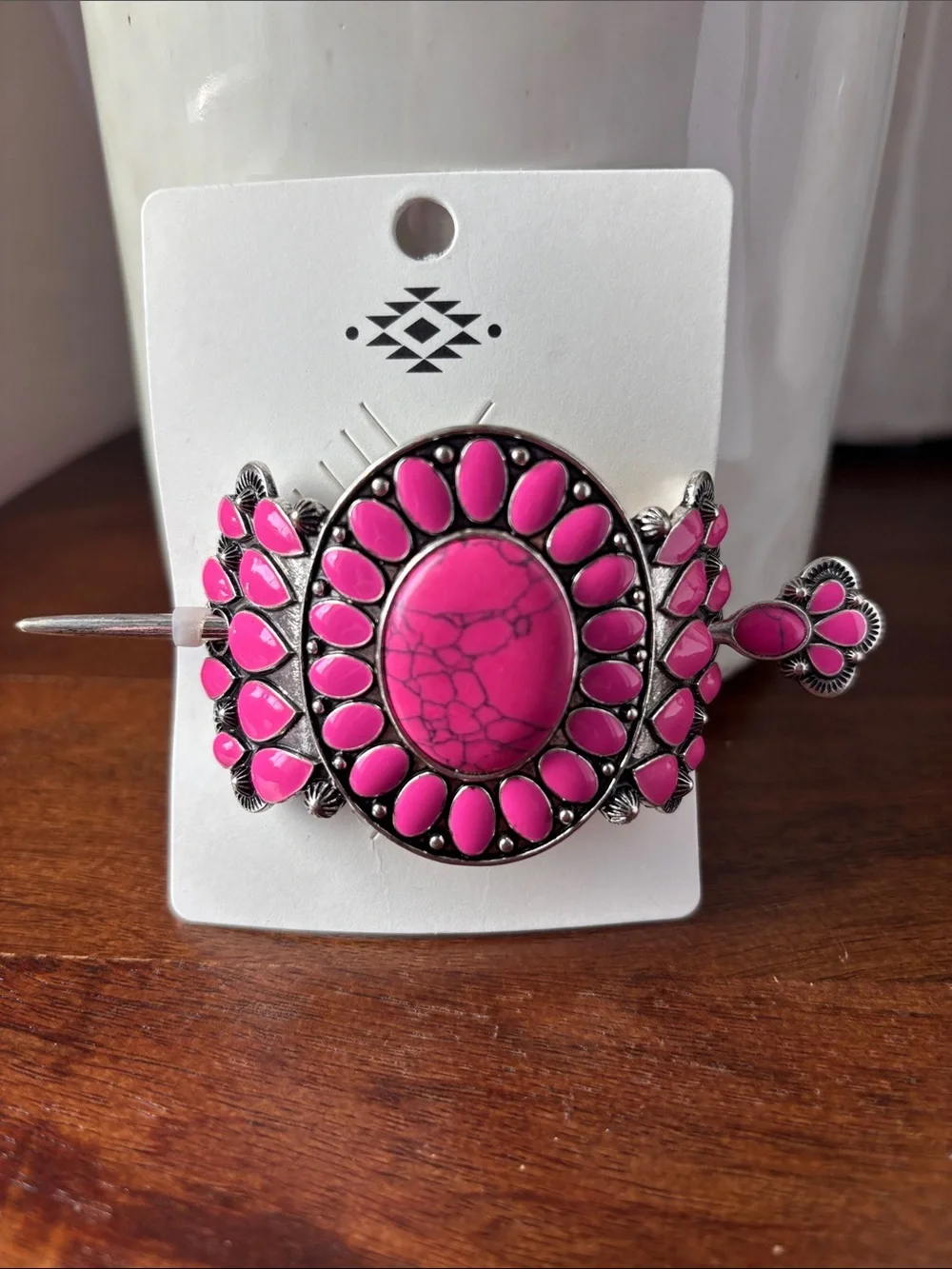 Hair slide w/stick,silver tone with pink stones